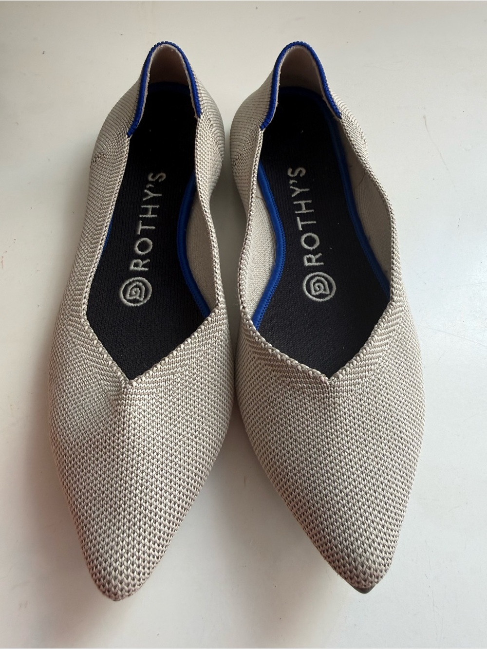 Rothy's the Point size 6.5 Knit Flats in Light Beige with Blue Trim
